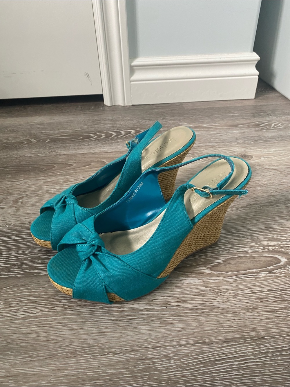 le chateau Teal Knotted Slingback Wedge Sandals